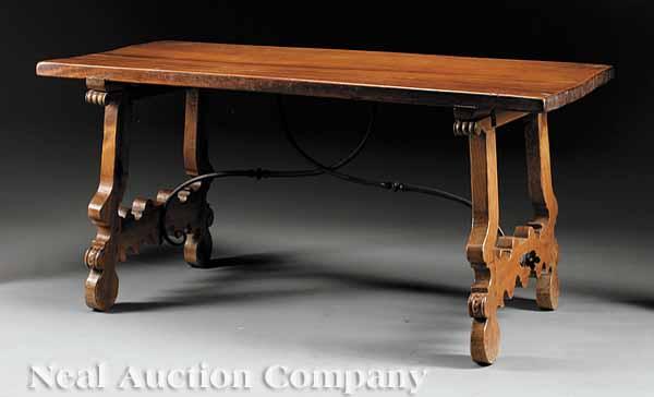 Appraisal: A Spanish Walnut Refectory Table th c trestle base joined