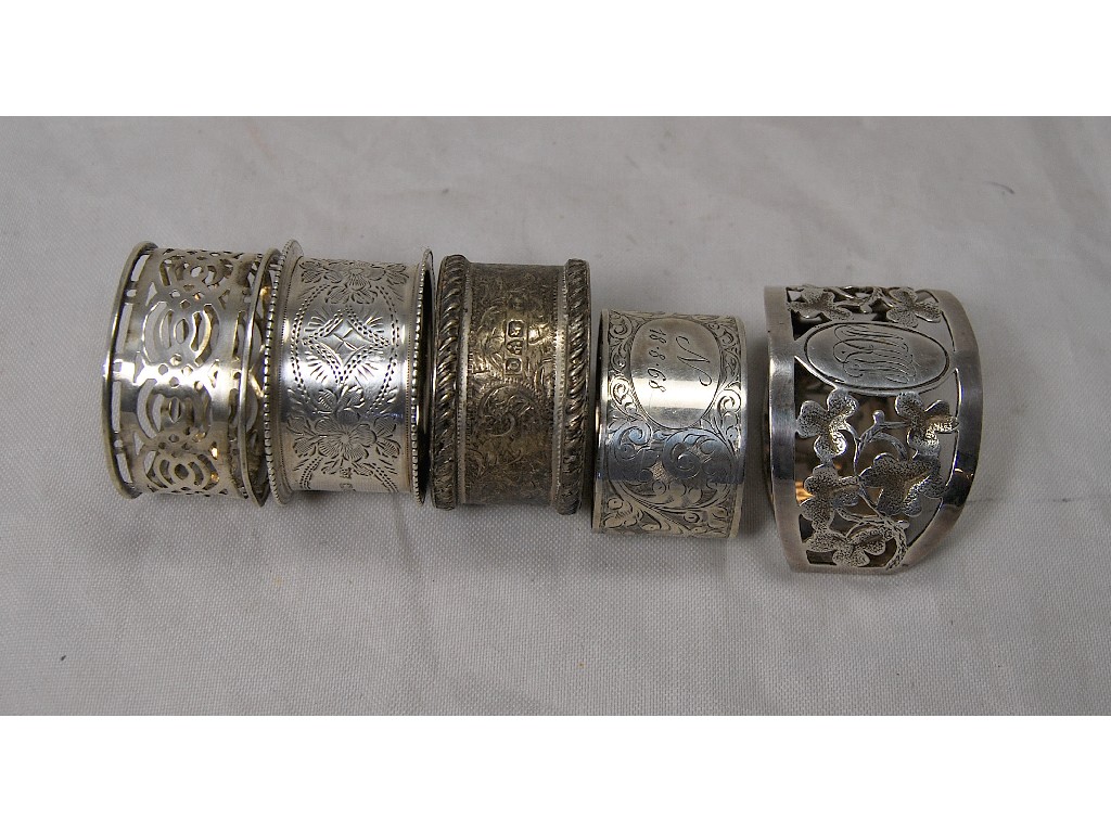 Appraisal: Five various napkin rings some pierced some engraved approx oz