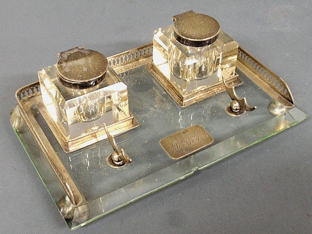 Appraisal: - English silver and glass inkstand hallmarked and with monogrammed