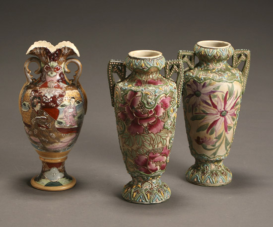 Appraisal: Satsuma-Type Pictoral Vase and a Pair of Floral Vases Each