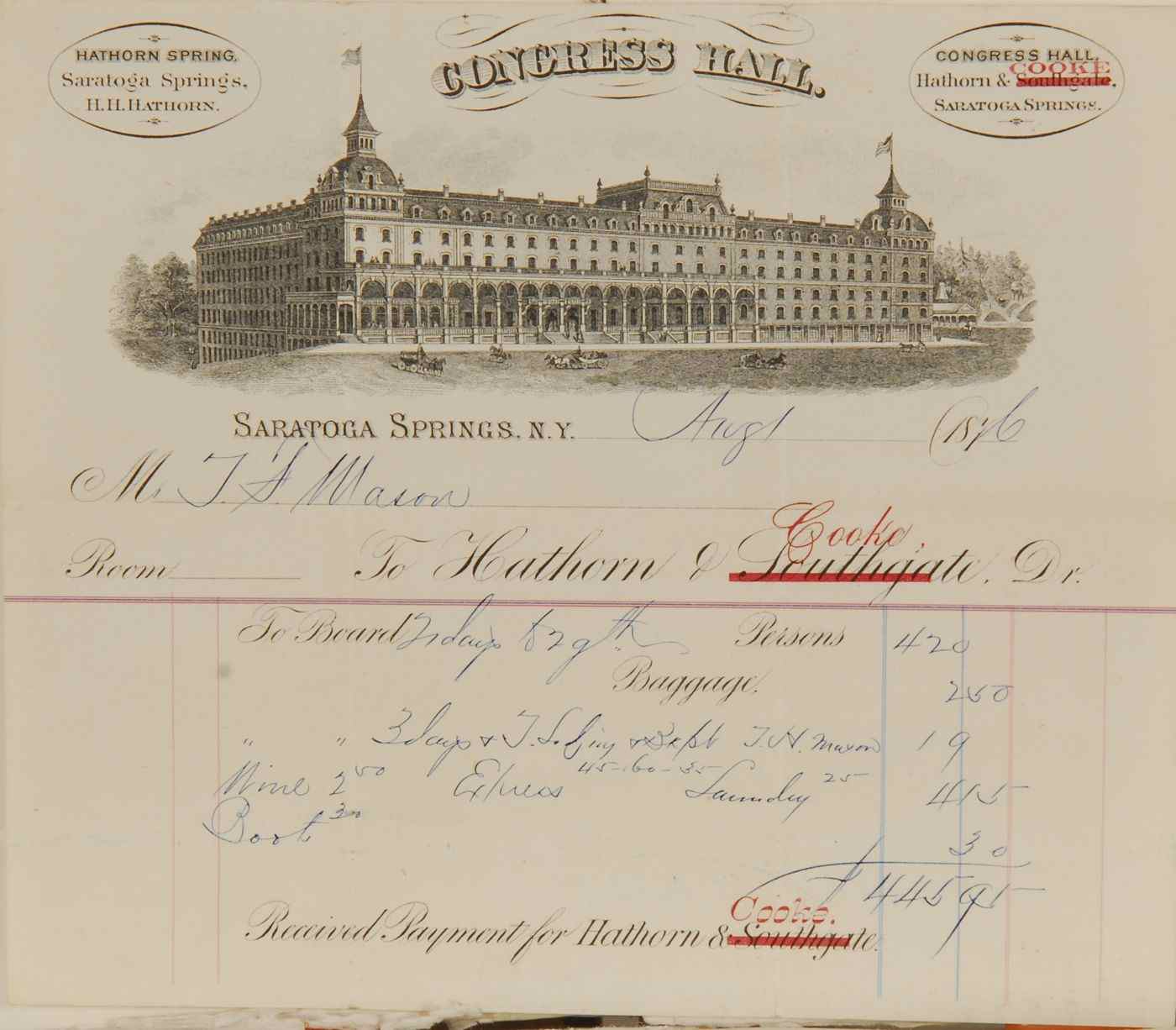 Appraisal: EIGHT DOCUMENTS and Framed bills on Pavilion Hotel letterhead for