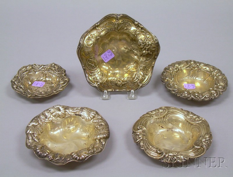 Appraisal: Five Sterling Silver Shallow Repousse Bowls Adelphi Whiting etc approx