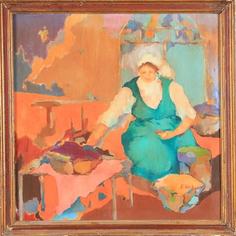 Appraisal: Interior genre seated woman in green dress oil on canvas