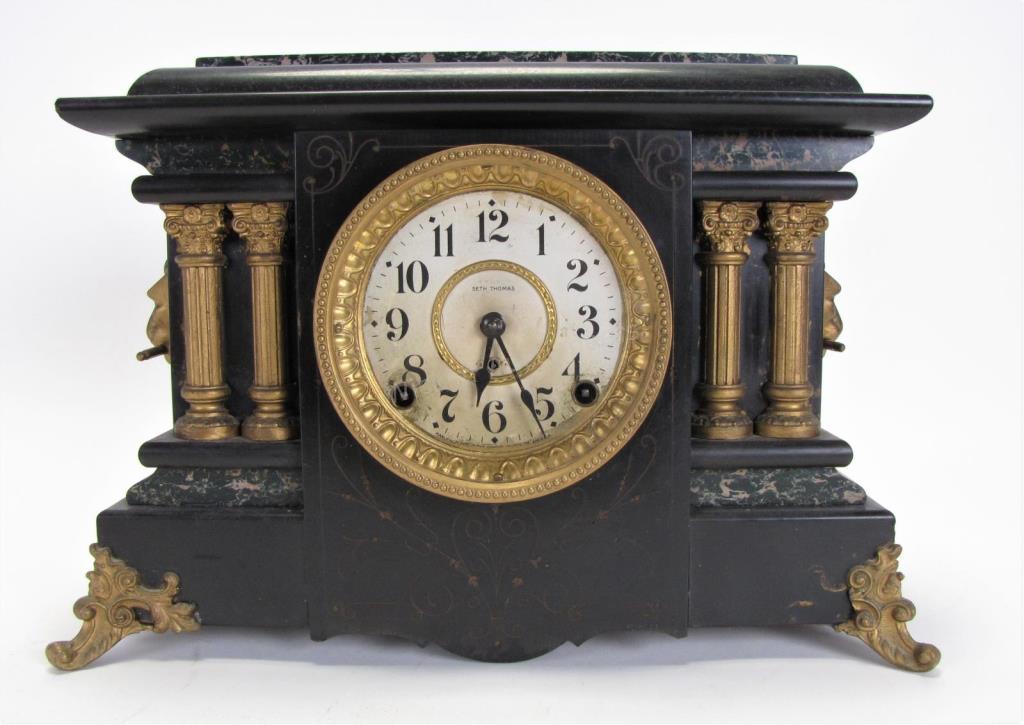 Appraisal: Seth Thomas Mantle Clock black lacquer and faux green marble