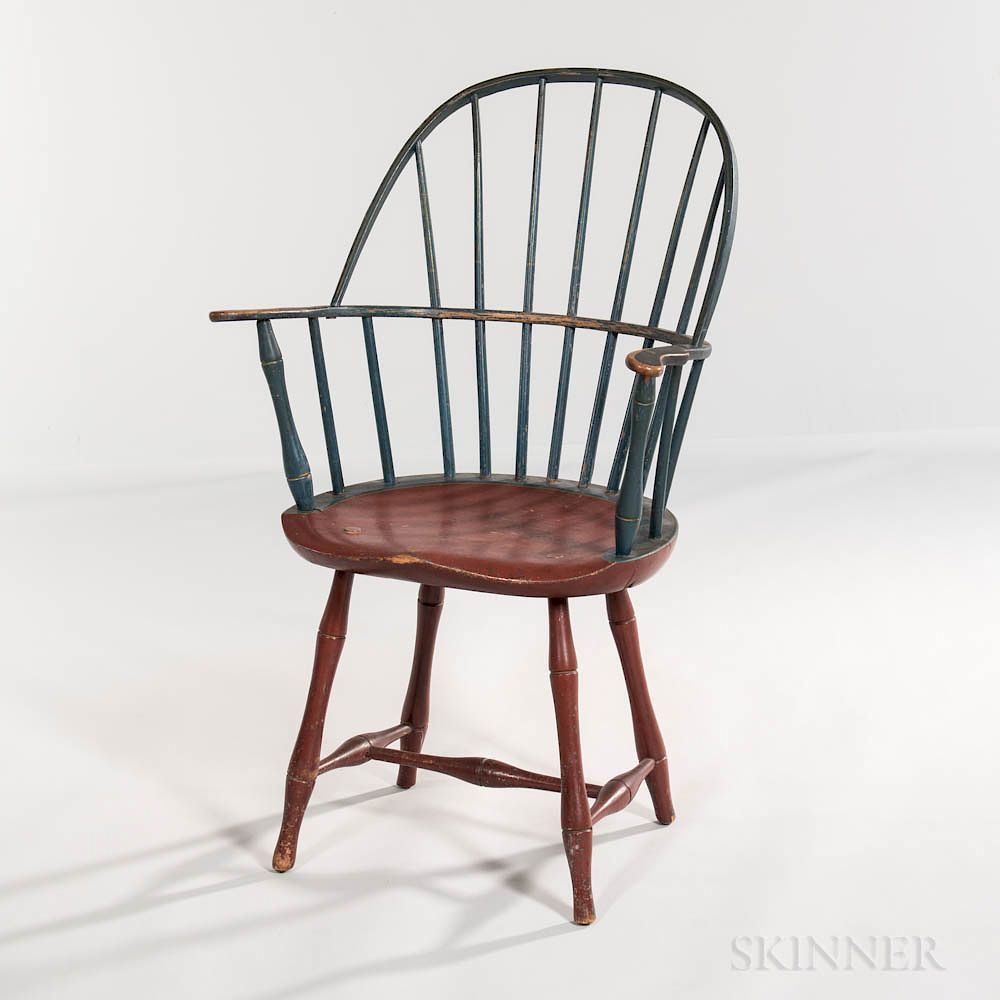 Appraisal: Blue- and Red Orange-painted Sack-back Windsor Chair Blue- and Red