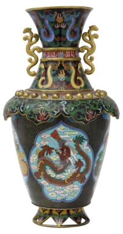 Appraisal: Chinese cloisonne enamel vase decorated with dragons pursuing flaming pearl