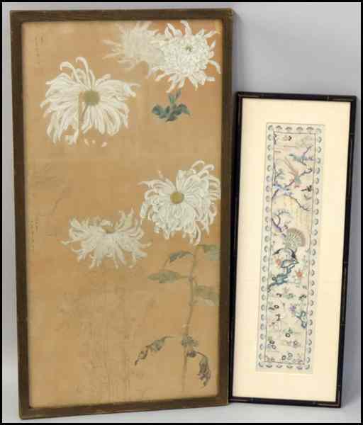 Appraisal: FRAMED CHINESE PAINTING AND EMBROIDERED PANEL Ink and color on