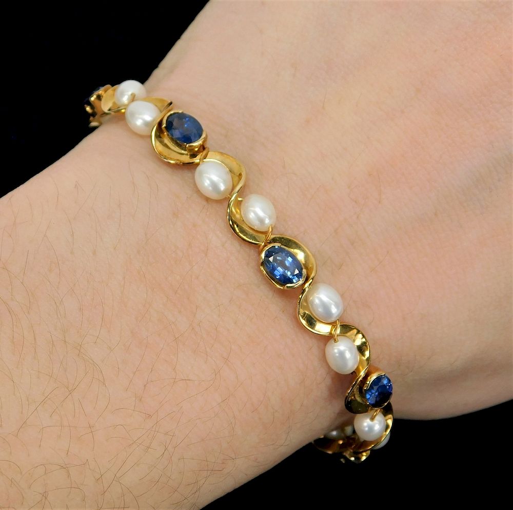 Appraisal: K Lady's Gold Pearl Sapphire High Style Bracelet th Century