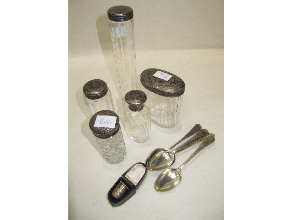 Appraisal: Lot comprising five silver topped dressing table jars five silver