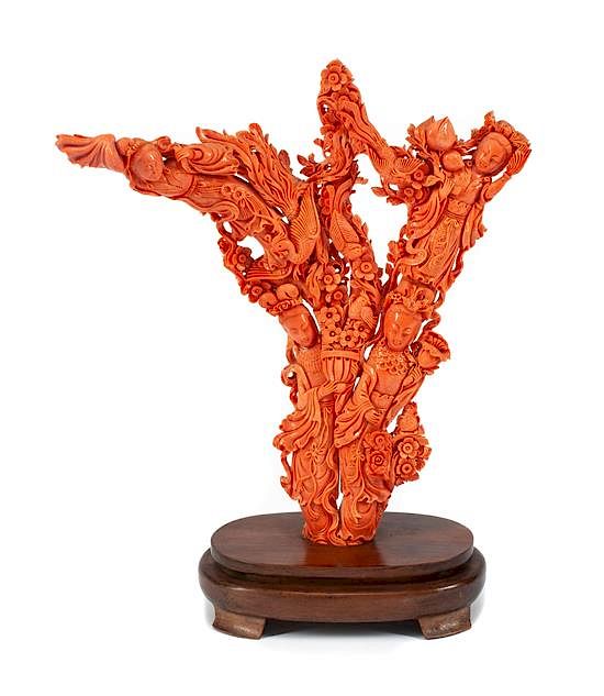 Appraisal: A Large Chinese Carved Coral Figural Group Height inches A