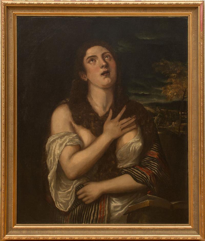 Appraisal: EUROPEAN SCHOOL PENITENT WOMAN Oil on canvas unsigned lined with