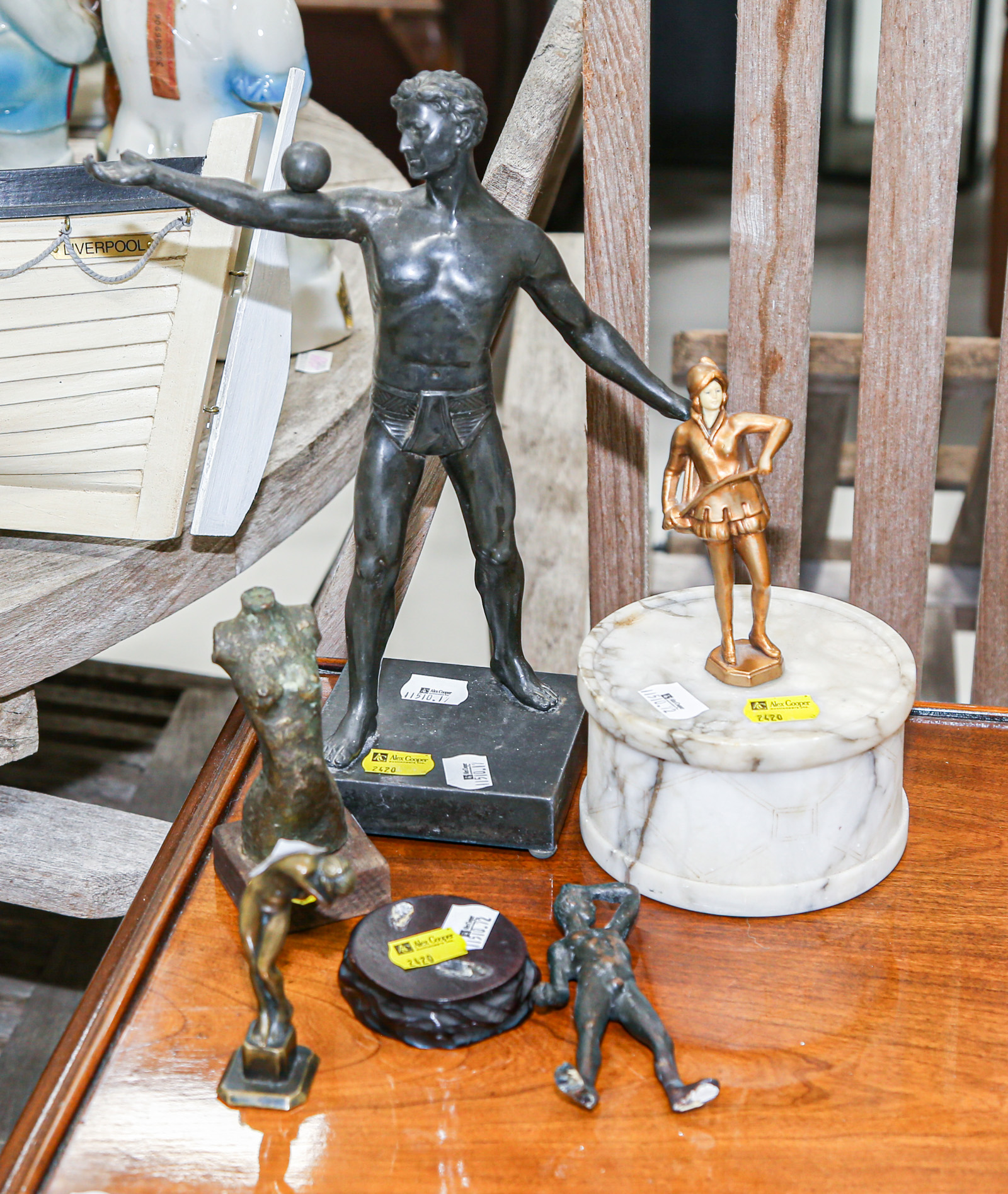 Appraisal: ASSORTED METAL FIGURES Including an Art Deco marble covered jar