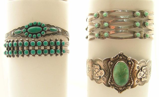 Appraisal: Four Mexican sterling and turquoise cuff bracelets three marked sterling