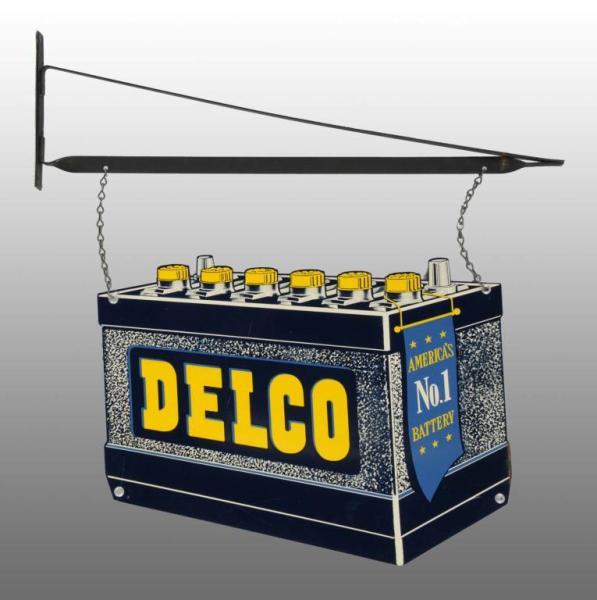 Appraisal: Heavy Tin Delco -Sided Die-Cut Sign with Bracket Description Circa