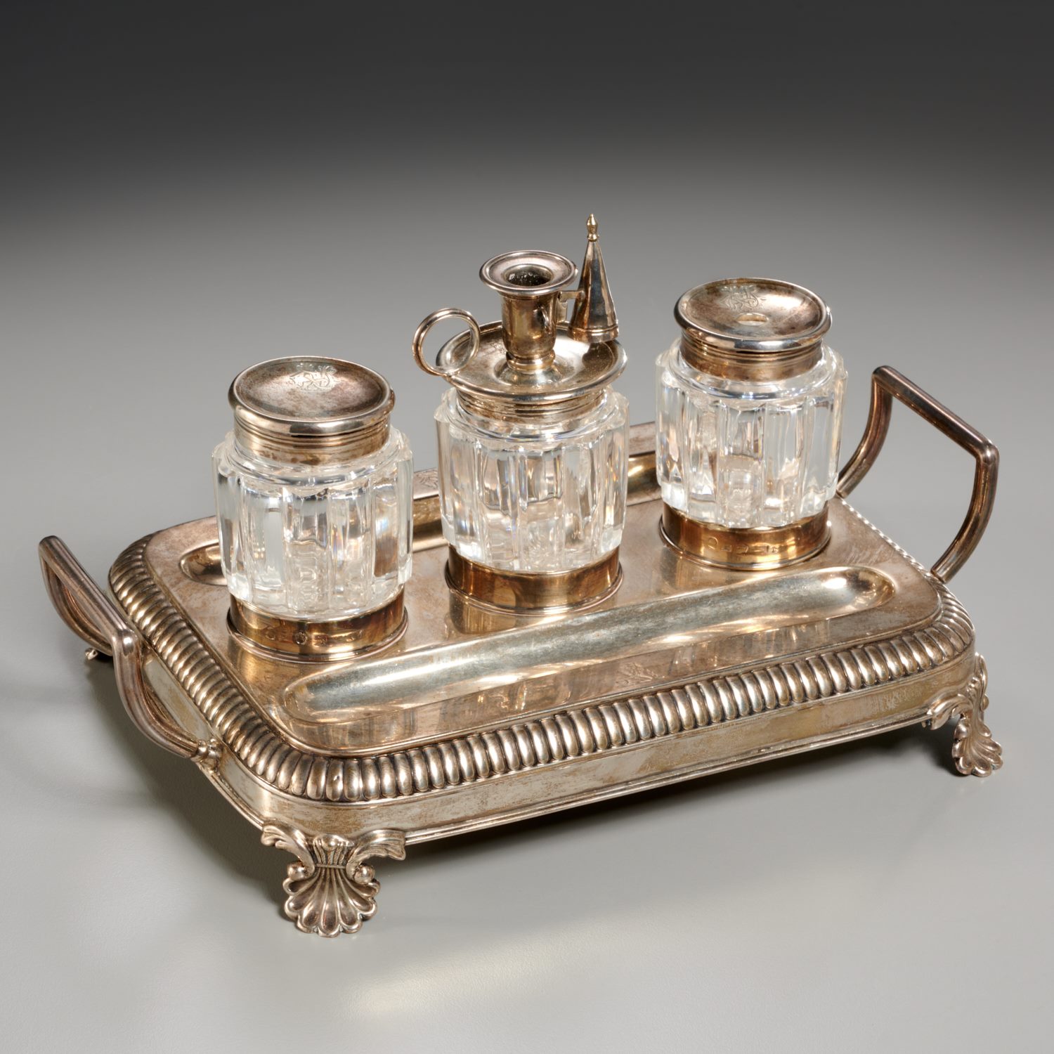 Appraisal: GEORGE III SILVER INKSTAND Letter dated sterling silver and glass