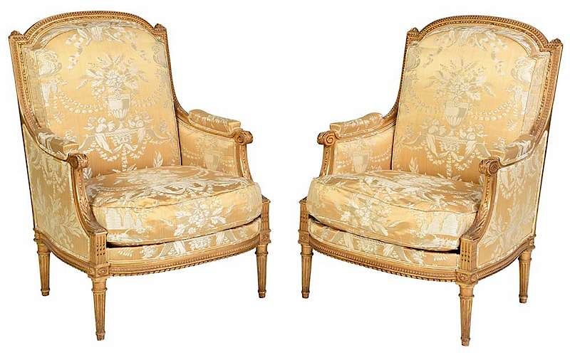 Appraisal: Pair Louis XVI Style Carved and Gilt Wood Bergeres French