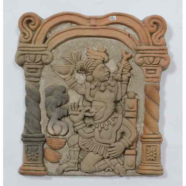 Appraisal: Moravian Concrete Wall Hanging Aztec Scene Contemporary wall hanging of