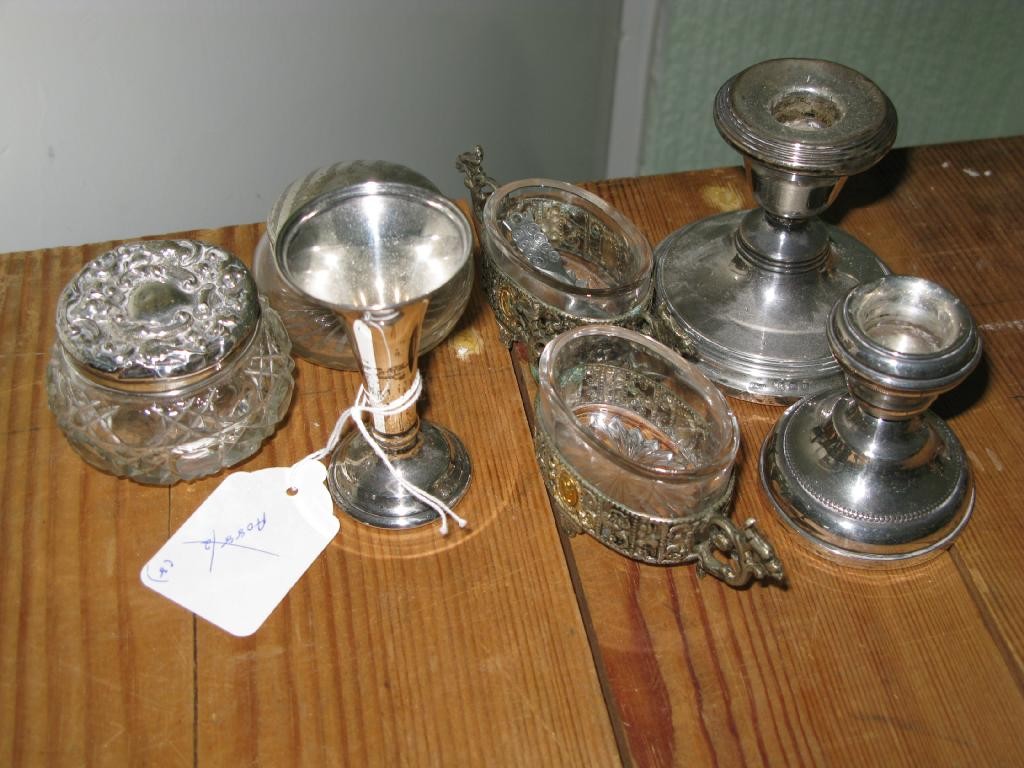 Appraisal: Two silver taper sticks two glass dressing bottles with silver