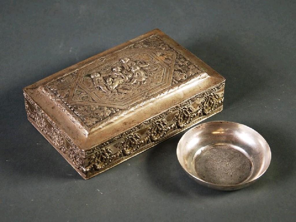 Appraisal: FOREIGN EMBOSSED SILVER COLOURED METAL TABLE CIGARETTE BOX standard of