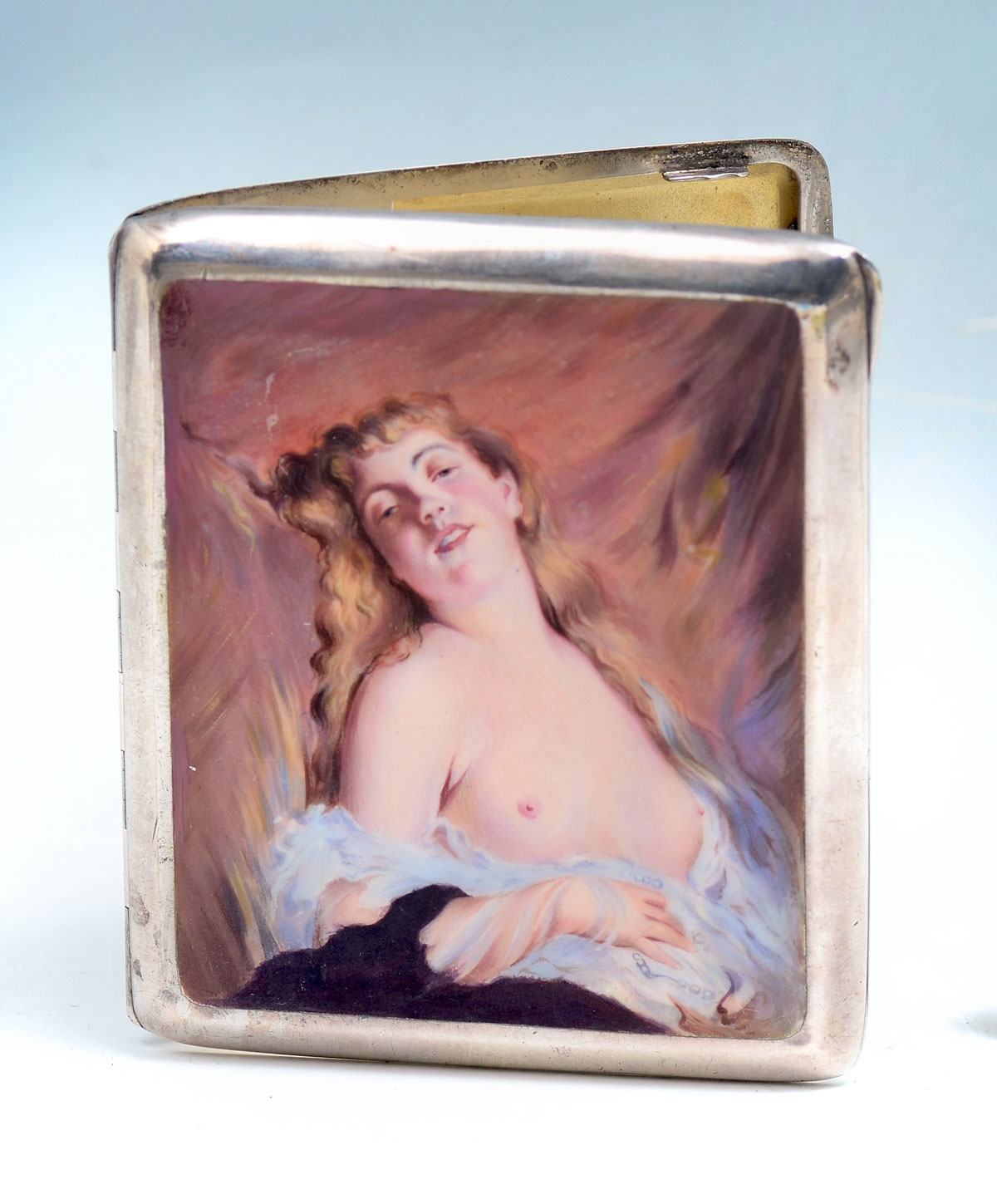 Appraisal: SILVER-GILT ENAMEL EROTIC WOMAN CIGARETTE CASE Silver and enamel erotic