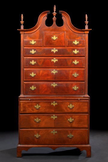 Appraisal: American Colonial Banded Mahogany Bonnet-Top Chest-on-Chest New England second half