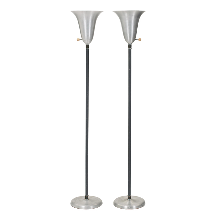 Appraisal: Russel Wright torcheres pair flaring spun aluminum shade with wrapped