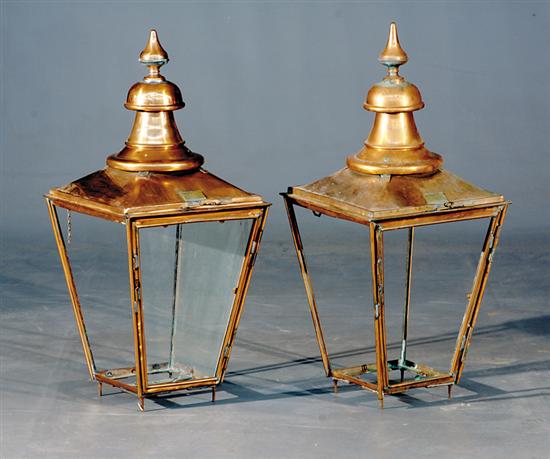 Appraisal: Pair English copper lanterns late th century turned finial on