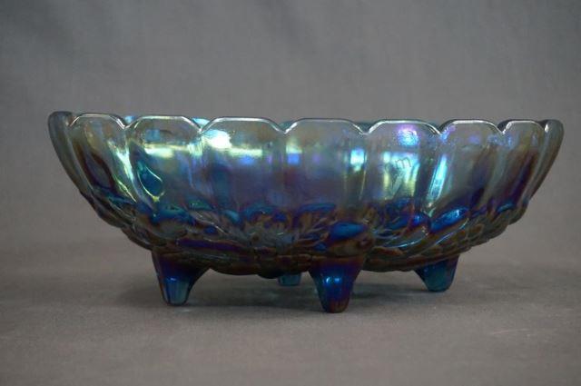 Appraisal: Blue Carnival Glass Harvest Centerpiece Bowl Toe Footed - ca