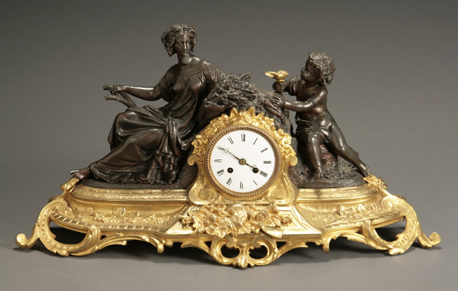 Appraisal: Louis XV Style Patinated Spelter and Ormolu Figural Mantel Clock