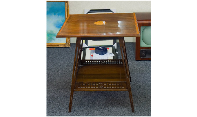 Appraisal: Edwardian Mahogany Inlaid Square Table With Gallery Shelf To Base