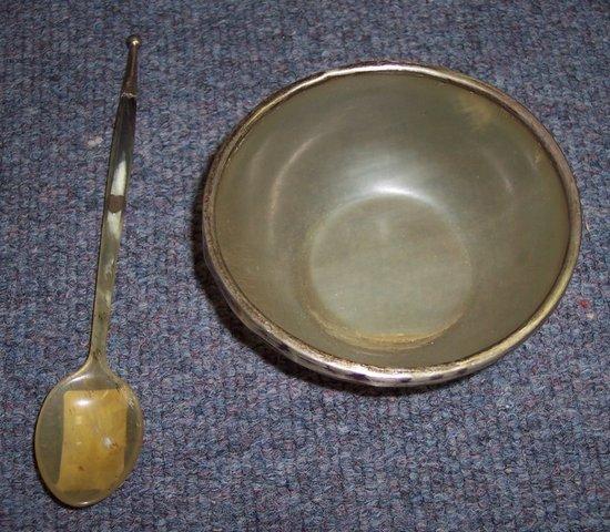 Appraisal: A silver mounted horn bowl and spoon the spoon with