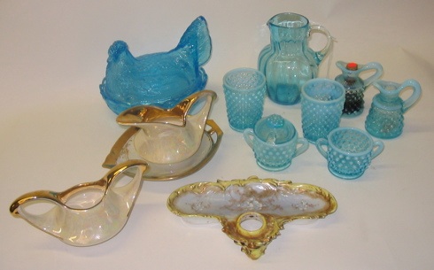 Appraisal: A COLLECTION PIECES OF BLUE HOBNAIL GLASS AND PORCELAINS The