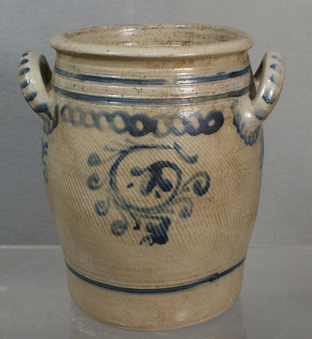 Appraisal: Blue decorated stoneware crock with open loop handles no damage