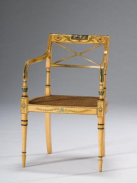 Appraisal: EDWARDIAN ADAM-STYLE PAINTED ARMCHAIR English ca armchair with caned seat