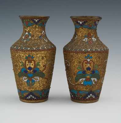 Appraisal: A Pair of Open-work Miniature Cloisonne Vases Copper alloy vases