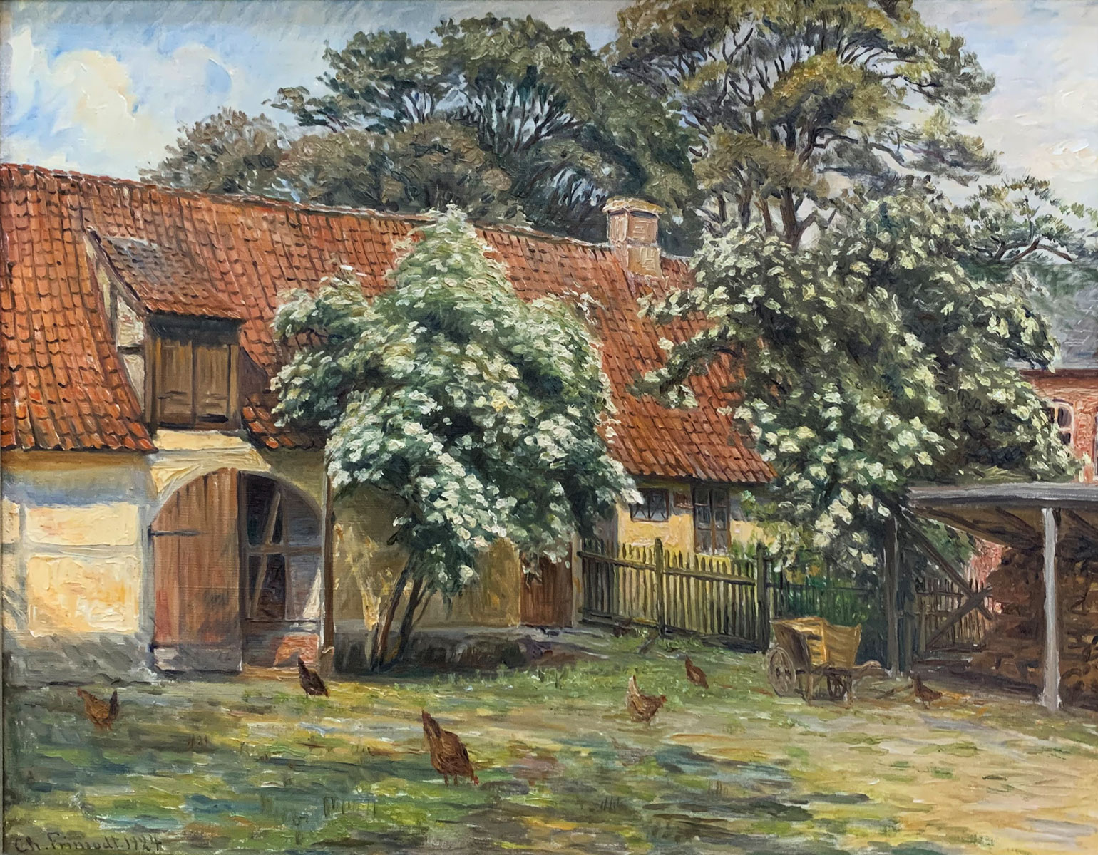 Appraisal: FRIMODT Charlotte Danish - ''Country Estate with Courtyard Chickens'' Oil