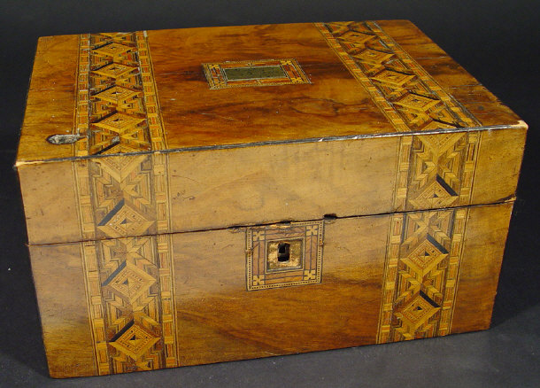 Appraisal: Victorian inlaid walnut sewing box with velvet lined interior and