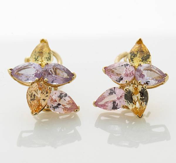 Appraisal: A pair of multi-color sapphire clip-earrings Nardi unsigned attributed to