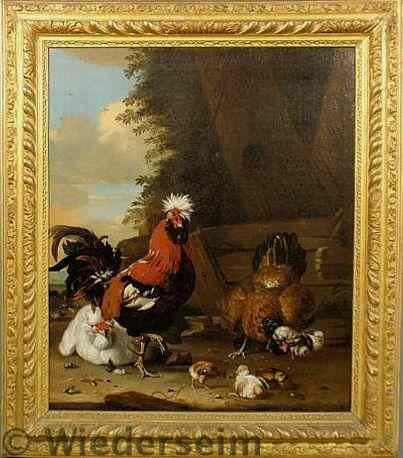 Appraisal: Colorful oil on canvas painting of a rooster with hens