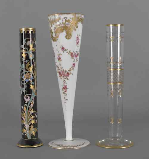 Appraisal: Two enameled decorated stem vases together with a milk glass