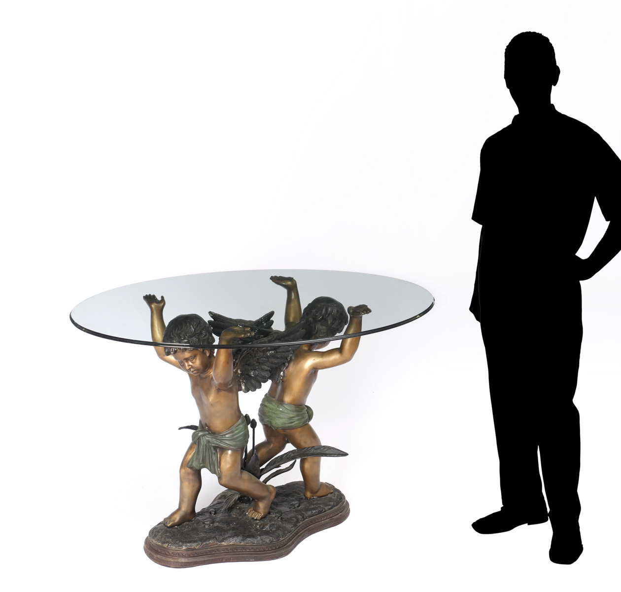 Appraisal: BRONZE ANGELS FIGURAL GLASS TOP TABLE Angels with Arms Raised