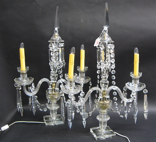 Appraisal: TWO CLEAR GLASS CANDELABRA STYLE TABLE LAMPS each having curved