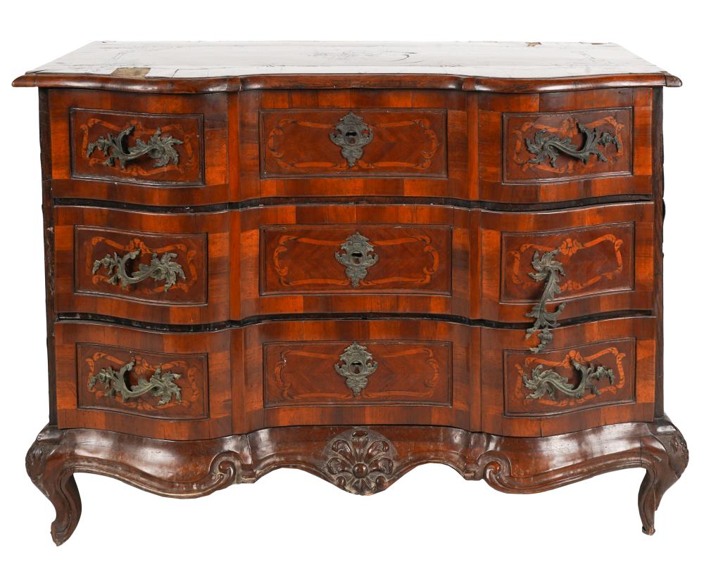 Appraisal: GERMAN MARQUETRY MAHOGANY CHEST OF DRAWERSin the Baroque style Provenance