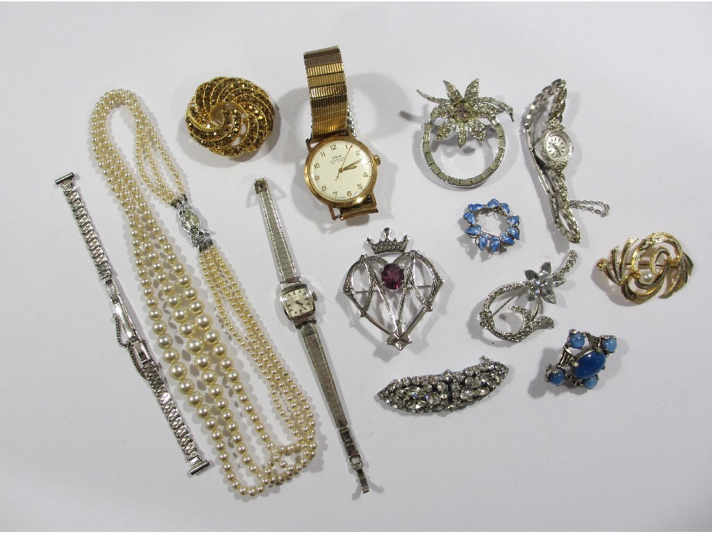 Appraisal: Lot comprising a gents Oris wrist watch costume brooches silver