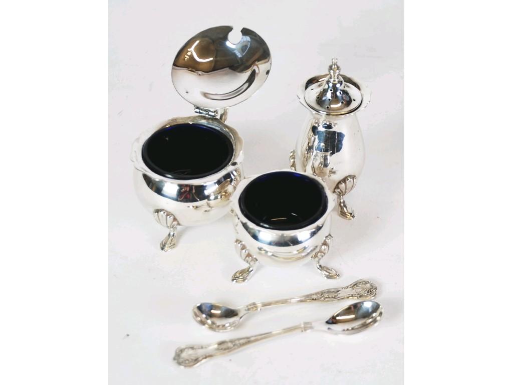 Appraisal: THREE PIECES GEORGE V SILVER CONDIMENT SET circular with cyma