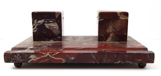 Appraisal: Art Deco desk accessory red marble ink stand double hinged