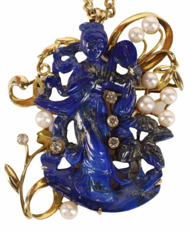 Appraisal: Estate kt yellow gold pendant brooch carved lapis lazuli woman