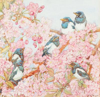 Appraisal: Kay Nixon British - Apple Blossom with Magpies signed lower