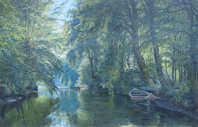 Appraisal: Johannes Boesen - Wooded river scene oil on canvas signed