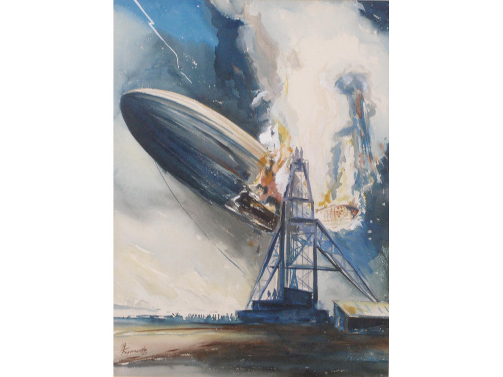 Appraisal: R Freemantle th c The Hindenburg Disaster watercolor on paper